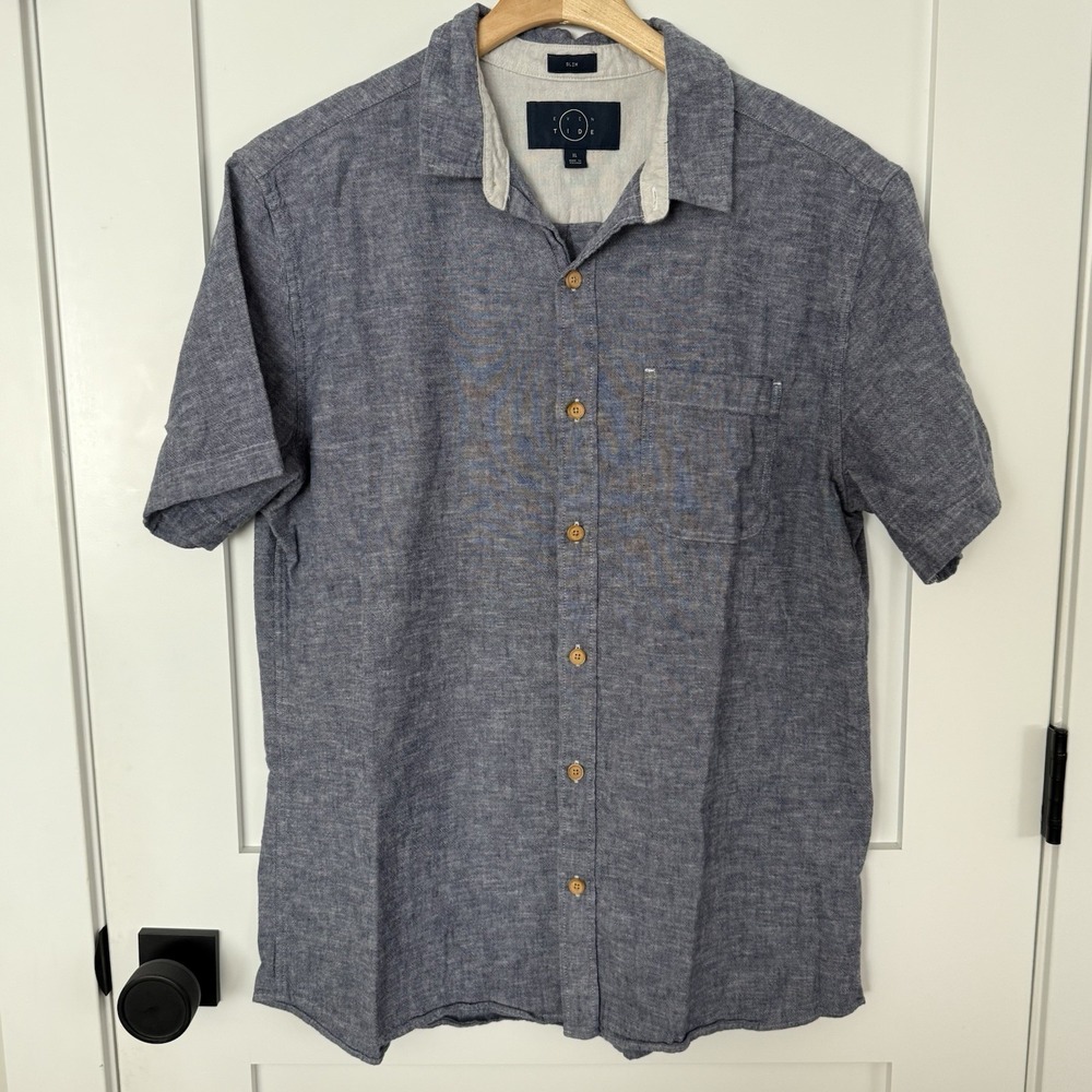 Even Tide Linen Cotton Blend ButtonUp Short Sleeve Blue Chambray Slim Fit Men LG